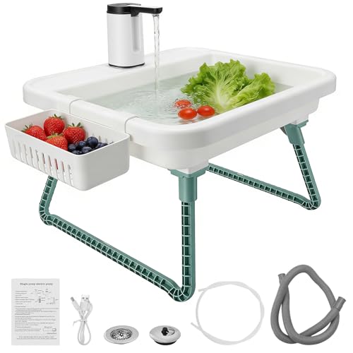 Portable Camping Sink with Electric Faucet and Pump Outdoor Washing Station with Detachable Stand Drain Basket Soap Dispenser Drain Hose Basin Kit Outdoor Sink for Garden RV Gatherings Worksite