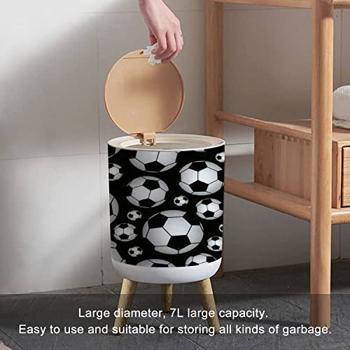 Image of Trash Can with Lid Cute Seamless with Soccer Balls Press Cover Small Garbage Bin Round with Wooden Legs Waste Basket for Bathroom Kitchen Bedroom 7L /1.8 Gallon