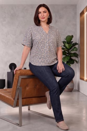 Image of SINDOORI Relaxed Fit Tops for Women Plus Size Solid Printed Mandarin Collar, Band Collar, V-Neck Top, Half Sleeve Loose Fit