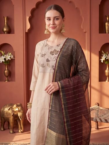 Image of INDO ERA Women's Cotton Blend Solid Straight Kurta Palazzo With Dupatta Set