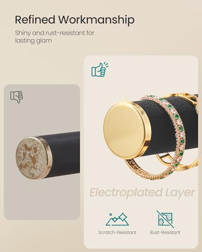 Image of SONGMICS Bracelet Holder Stand, Jewelry Display Stand, Jewelry Organizer, with 2 Tiers and Velvet Tray, Earring Organizer, Removable Ring Holder, Ink Black and Pale Gold UJJS046B101