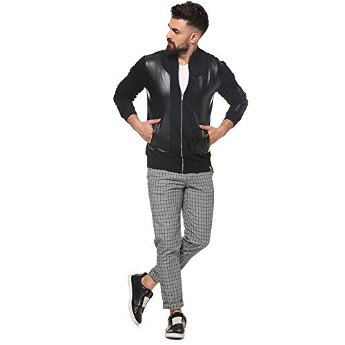 Image of CAHOOT Men's Cotton Jet Black With Patchwork Zip Through Jacket | Structured High- Quality Jacket with Low-Cut Standing Collar, Regular Full Sleeves And Stretchable Fabric For Casual Wear