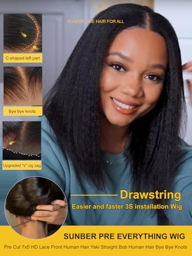 Image of Sunber Bye Bye Knots Yaki Straight Bob Human Hair Wigs Pre Cut 7x5 HD Lace Front Glueless Wig with Elastic Drawstring Put and Go Pre Plucked Bleached Invisible Knots Pre Everything Yaki Bob 14Inch