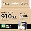 910XL – Juego de 4 cartuchos de tinta de repuesto de alto rendimiento para HP 910 910XL compatible con impresoras HP OfficeJet 8010 8020 Pro 8030 8015 8025 8028 8035 8018 8022 e Color negro, cian
