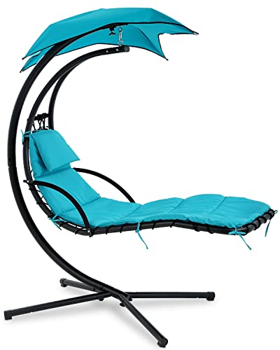 Hanging Lounge Chair, Outdoor Swinging Curved Chaise Lounge Chair with Canopy Umbrella and Pillow for Outside, Large Heavy Duty Egg Chair for Porch Patio Backyard Deck