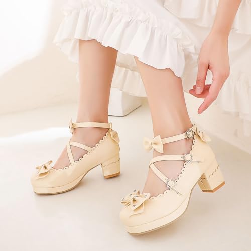 Women's Bow Cute Mary Janes Lolita Shoes, Ankle Strap Block Chunky Kawaii Heels, Closed Toe Cosplay Dress Platform Pumps3
