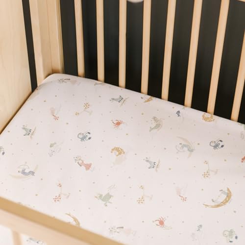 Image of Pehr Crib Sheet, Zodiac, Organic Cotton, 52 inch x 28 inch x 8 inch | Breathable Brushed Organic Cotton for Soft Sleep, Reusable Fabric Bag Packaging, Standard Crib Mattresses