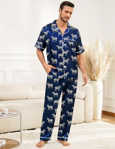 Image of SWOMOG Mens Silk Pajamas Set Satin Pj Set Short Sleeve Sleepwear Button Down Lounge Set with Drawstring & Pockets S-3XL