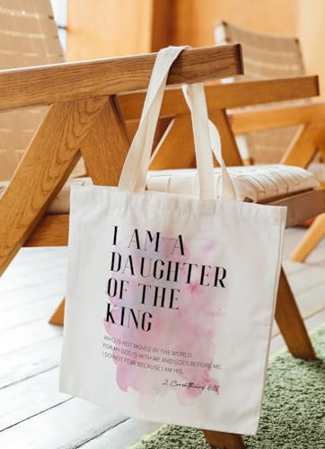 Zeghk Christian Canvas Tote Bags for Women, I am a Daughter of King Christian Gifts for Women Faith, Bible Verse Gifts, Reusable Grocery Bags Shopping Bags