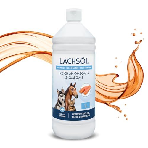 Aceite de salmón premium para perros, gatos y caballos, 1000 ml, rico en ácidos grasos omega 3 y 6, 100% aceite de pescado natural en envase de 1 litro