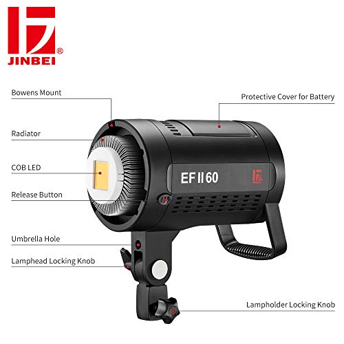 JINBEI EFII-60W 60Ws LED Continuous Video Light Ra>96 F970 Battery(Not Included) with Bowens Mount for Portrait Baby Still Life Photography(1xStandard Reflector)