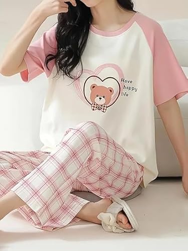 Image of Women's Pajama Set with Top & Pants|| Korean Night Wear|| Loose Fit Home Wear || Lightweight Printed Set || Soft & Comfy Girls & Women