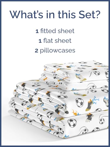 Image of Kids Queen Size Soccer Bed Sheets - 4 Piece Kids Soccer Sheet Set | Soccer Themed Bedding, Ultra-Soft, Cute & Cozy, Breathable & Machine Washable, Kids Bed Set for Boys, Girls, Teens & Toddlers