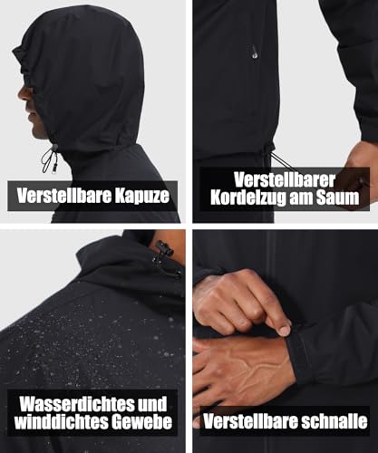 Huayuzh Regenjacke Herren Wasserdicht Leichte Regenmantel Camping Wandern Atmungsaktiv Packbare Softshelljacke mit Kapuze Schwarz M