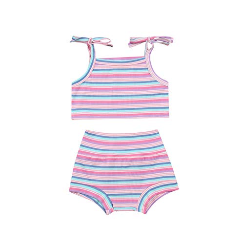 Image of Newborn Baby Girl Summer Clothes Striped Sleeveless Strap Vest Crop Top Elastic Waist Shorts 2Pcs Outfit Set