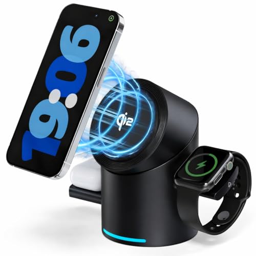Image of 3 in 1 Charging Station for Apple Devices, Mag-Safe Magnetic Charger Stand, Qi2 15W Auto-Rotating Wireless Charger for iPhone 17 16 /15 /14 /13 /12 Series & AirPods & iWatch (2.0, Amps, UK)