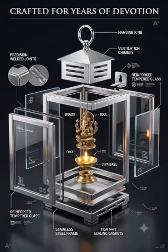 Image of Nakshathra Stainless Steel Wall Mounted Oil Lamp with Glass Cover, Deepam Lid, Windproof Hanging Diya Lantern for Home & Temple Pooja, Ideal for Decorating Indoor and Outdoors (Small)