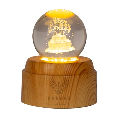 Image of KRESHU Happy Birthday 3D Crystal Rotating Glass Ball Dimmable Warm LED Light Wooden Stand Luminous USB Cable Decoration Night Lights for Art Home Decoration Birthday Gift (Pack of 1)