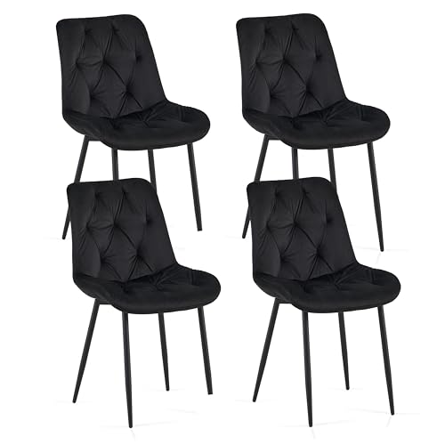 Colorig Set of 4 Velvet Dining Chairs, Modern Kitchen Chair with Sturdy Metal Legs, Ergonomic Curved Dining Room Chairs Suitable for Living Room Office Reception (4, Black, 62D x 50W x 90H cm)