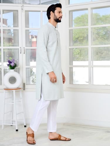 Image of See Designs Men's Full Sleeve Mandarin Collar Geometric Sequins Embroidered Thread Work Straight Long Kurta - Festive Collection