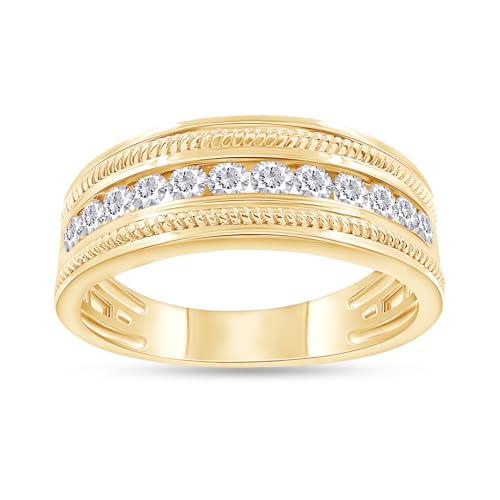 Men Wedding Band Ring Round Sparkling White Cubic Zirconia 7.5MM Width Milgrain Half Eternity Engagement Ring in 18K Gold Plated Jewelry Gift for Him