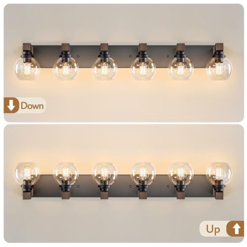 Image of LmnLvn Bathroom Light Fixtures, Farmhouse Wood & Metal with Globe Glass