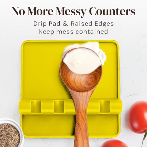 Image of Cooler Kitchen Yellow Silicone Spoon Rest for Stove Top with Drip Pad (Two Pack) - Heat Resistant BPA Free Utensil Rest & Spoon Holder for Kitchen Counter - Grill Utensil Holder - Spatula Holder