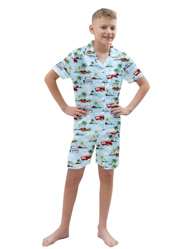 Schbbbta Boys Silk Pajamas Set Button Down Short Sleeve 2 Piece Sleepwear, Hawaii Blue Car, 9-10 Years = Tag 1504