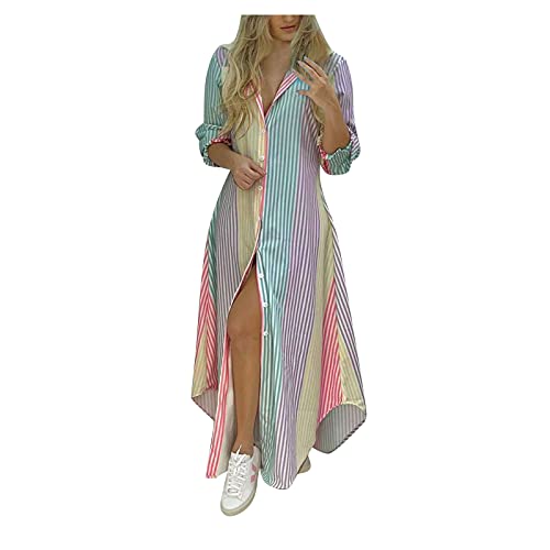 QINSHAN Summer Women Long Sleeve Loose Dress Print Shirt Dress Casual Long Maxi Dresses A (Multicolor, XXL)