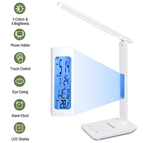 ERAY Lampe de Table LED Dimmable, 3 Modes/ 5 Niveaux de luminosité/Affichage LCD/Réveil/Température et Calendrier/Support Téléphone, Lampe de Bureau LED Tactile Protection des Yeux (Blanc)
