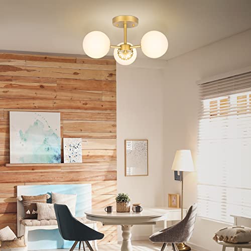Yolsunes Mid Century Modern Brass Semi Flush Mount Ceiling Light, 3-Light Frosted Globe Glass Gold Chandelier, Globe Hanging Ceiling Light Fixture For Bedroom Living Room Nursery Room Foyer thumb #5