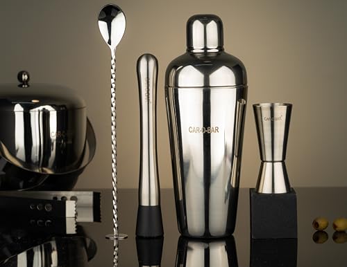 Image of Car-O-Bar Bar kit | Bar Set for Home - Bartender Kit :Cocktail Shaker, Bar Spoon, Jigger, Muddler, Strainer, Wine & Beer Bottle Opener, 2 Pour Spouts, Tong (with Ice Bucket)