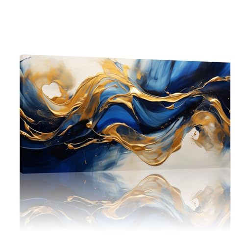Art mural abstrait bleu marine et or 50x100 cm | Tableau moderne sur toile pour chambre