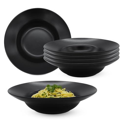 Set di 6 piatti per pasta in ceramica fine nera opaca, piatti per pasta in ceramica, diametro 24 cm, piatti profondi, piatti in ceramica, piatti da insalata, ciotola, stoviglie per 6 persone, lavabili
