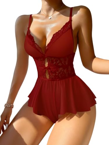 Image of Lilosy Sexy Lingerie One Pieces Dress Women Babydoll Romper | Bows Corset Plus Size Teddy Outfits Flora Lace Mesh Sheer Sleepwear Curvy Halloween Christmas Valentine Day Bridal