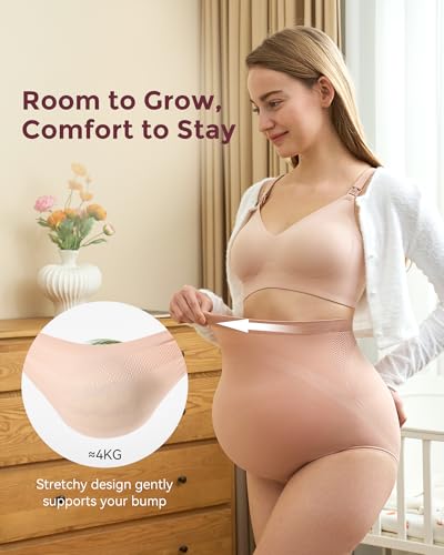 Image of Momcozy Women's Maternity Underwear, High-Waist Seamless Over-Bump Briefs | 360 belly support with an expandable panel, breathable mesh and soft stretch fabric for pregnancy through postpartum