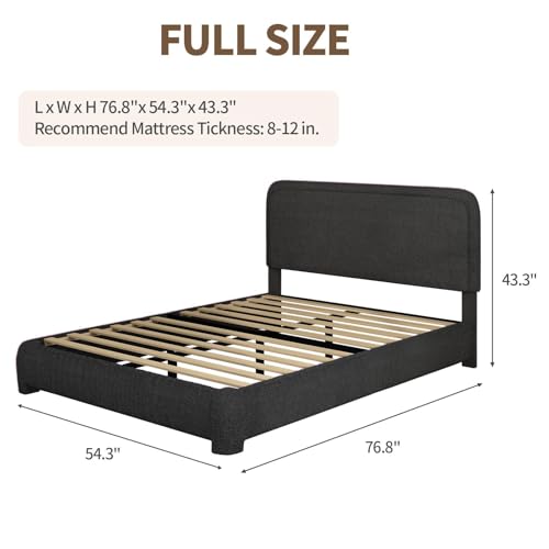 Image of BarnFurin Full Bed Frame, Cloud Boucle Headboard, Rounded Corners, Black | Soft boucle and rounded edges create a low-profile cloud look. Wooden slats support the mattress without a box spring