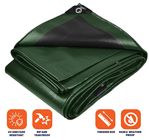 Image of Heavy Duty 10 Mil Tarp Cover, Waterproof, UV Resistant, Rip and Tear Proof, Poly Tarpaulin with Reinforced Edges for Camping, Roof, Patio, Pool, Boat. (Green /Black 24′ X 30′)