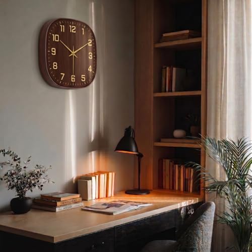 Image of STAR WORK 12 inch Inch Square Silent Non-Ticking Quartz Movement Wall Clock with Analog & Digital Display | Easy-to-Read Numbers | Modern Design for Living Room, Bedroom or Office (Walnut - Gold)