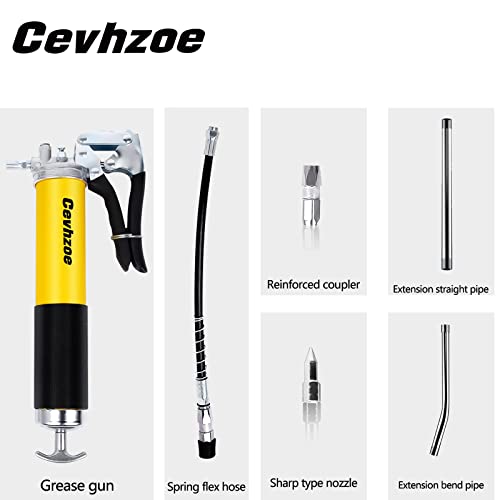 Cevhzoe Grease Gun, 7000 Psi Heavy Pistol Grease Gun Set,14 Ounces Load, 18 Inch Spring Flex Hose, 2 Working Coupler, 2 Extension Rigid Pipe And 1 Sharp Type Nozzle Included #TOP4