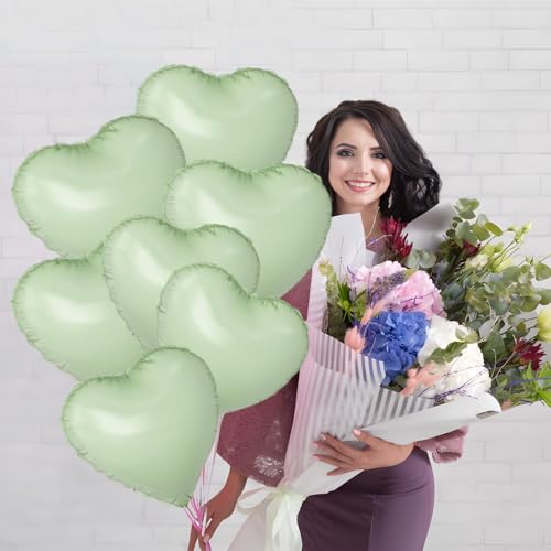 Image of Green Heart Ballloons,18 Inch Pastel Green Foil Love Heart Shaped Balloons 12Pcs Light Green love balloon for Anniversary Birthday Party Baby Shower Valentines Day Decorations