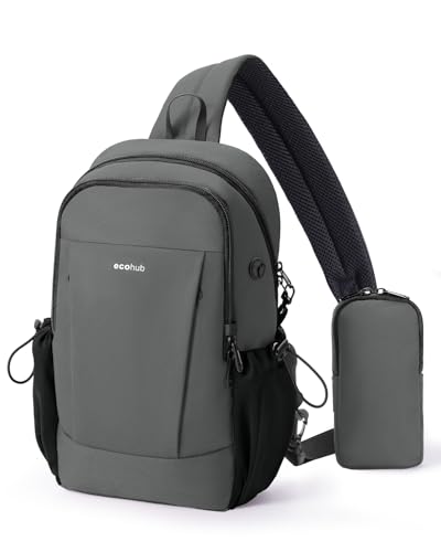 ECOHUB Anti-Theft Crossbody Bag Men Women RFID Blocking Lightweight Sling Backpack Eco-Friendly with 9 Pockets Sturdy SBS Zippers Water Resistant for Travel Work Hiking Outdoor Grey