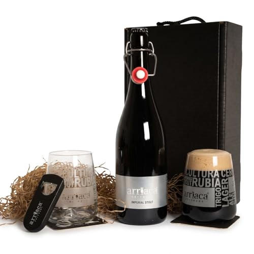 Cerveza artesana ARRIACA IMPERIAL RUSSIAN STOUT Pack Regalo Premium (Estuche 1x75cl + 2 Vasos)