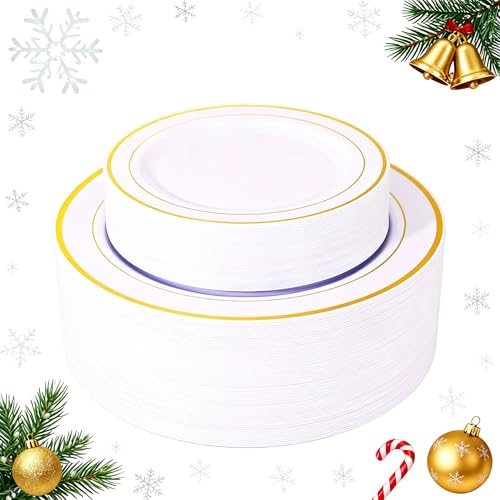 WELLIFE 120PCS Gold Plastic Plates, Party Supplies includes: 60pcs 10.25inch Dinner plates and 60pcs 7.5inch Dessert plates,Plastic plates Disposable