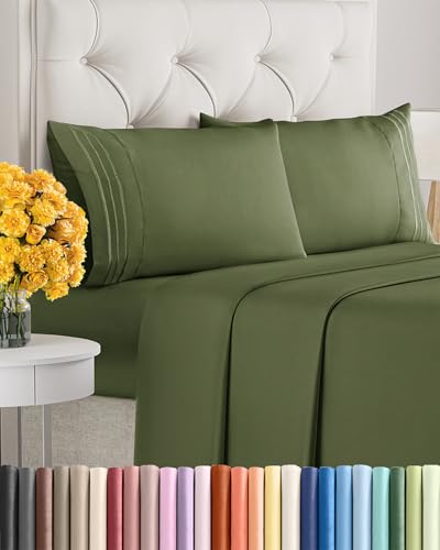 Image of Cal King Size 4 Piece Sheet Set - Ultra Soft & Cooling Sheets - Deep Olive | Fits 8 Inch to 16 inch Mattress, Wrinkle Free & Fade Resistant with Deep Pockets, Breathable, Comfy Hotel Luxury Bedding