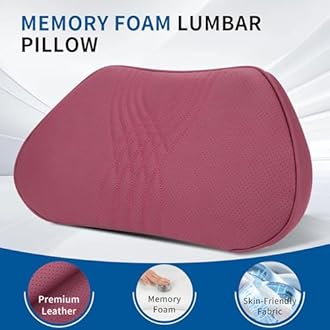 Lumbar Support Pillow for Car Seat, Office Chair Nappa Leather Memory Foam Lower Back Cushion for Back Pain Relief Improve Posture, Ergonomic Back Rest for Gaming Chair, Red, 1PC