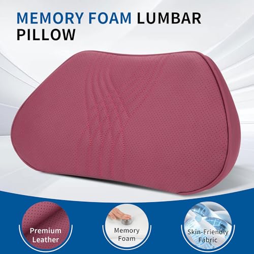 Lumbar Support Pillow for Car Seat, Office Chair Nappa Leather Memory Foam Lower Back Cushion for Back Pain Relief Improve Posture, Ergonomic Back Rest for Gaming Chair, Red, 1PC