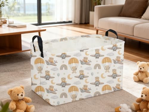 Image of Sanjiaofeng Rectangular Kids Basket Bear Storage Bins,Cute Storage Basket with Handles.Clothers,Books,Kid's Gifts Bins. (Airplane Bear)