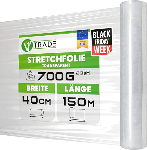 V1 Trade Stretchfolie Transparent - Strechfolienrolle 150m x 40 cm - Verpackungsfolie 23my - Umzugsfolie für möbel - Stretch Film for moving - verpackungsmaterial Stretchfolie