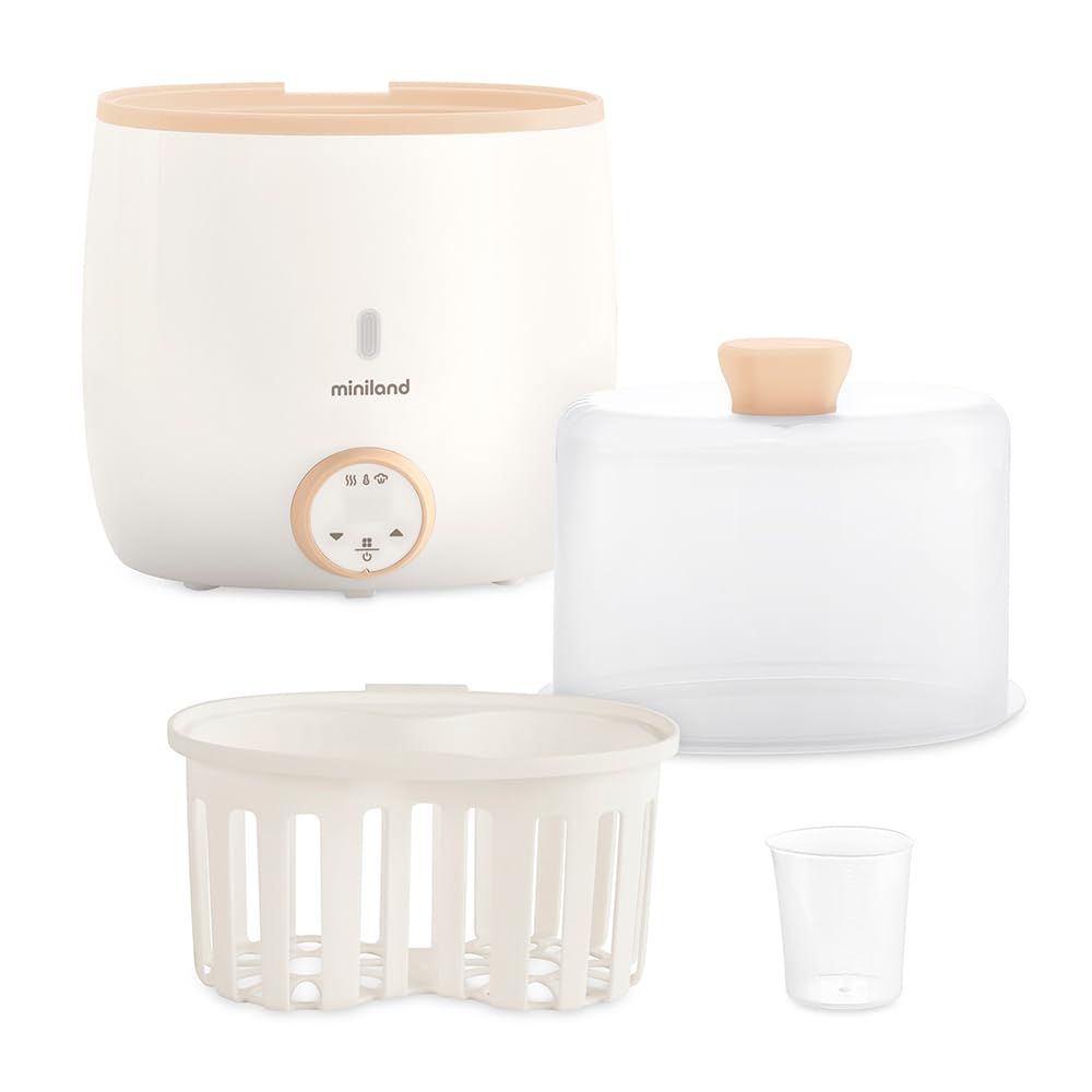 Miniland - Warmy Twin Calienta Biberones y Esterilizador, Calentador Rápido de Alimentos para Bebés 2-en-1, Calentador con Pantalla Digital Control Preciso Temperatura para Leche Materna (Beige)